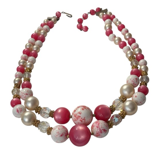 Vintage‎ Pink Double Strand Necklace Cat's Eye Faux Pearl Chunky Beads Marbled - Picture 8 of 16